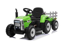 Tracteur électrique WORKERS avec remorque, vert, traction arrière, batterie 12V, roues Plastique, large siège, télécommande 2,4 GHz, lecteur MP3 avec entrée USB , lumières LED