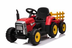 Tracteur électrique WORKERS avec remorque, rouge, traction arrière, batterie 12V, roues Plastique, siège large, télécommande 2,4 GHz, lecteur MP3 avec entrée USB, lumières LED