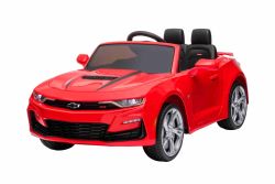 Voiture électrique Chevrolet Camaro, rouge, sous licence d'origine, alimenté par batterie 12 V, portes qui s'ouvrent, Siège en cuir artificiel, moteur 2x 35 W, lumières LED, télécommande 2,4 Ghz, roues EVA souples, démarrage en douceur