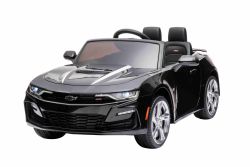 Voiture électrique Chevrolet Camaro, noire, sous licence d'origine, alimenté par batterie 12 V, portes qui s'ouvrent, Siège en cuir artificiel, moteur 2x 35 W, lumières LED, télécommande 2,4 Ghz, roues EVA souples, démarrage en douceur