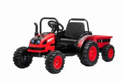 Tracteur électrique POWER avec remorque, rouge, traction arrière, batterie 12V, roues en plastique, siège large, télécommande 2,4 GHz, lecteur MP3 avec USB, éclairage LED