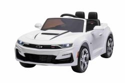 Voiture électrique Chevrolet Camaro, blanche, sous licence d'origine, alimenté par batterie 12 V, portes qui s'ouvrent, Siège en cuir artificiel, moteur 2x 35 W, lumières LED, télécommande 2,4 Ghz, roues EVA souples, démarrage en douceur