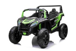 Voiture jouet autoporté électrique UTV XXL 24V, Vert, deux places en cuir, Disques de frein, Moteur puissant, Lumières LED, Roues gonflables en caoutchouc avec suspension arrière, Lecteur MP3 avec USB et Bluetooth, Volant réglable