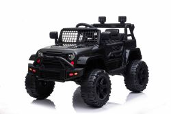 Voiture électrique OFFROAD à traction arrière, noire, batterie 12V, Châssis haut, siège large, Essieux suspendus, Télécommande 2,4 GHz, Lecteur MP3 avec entrée USB, Éclairage LED