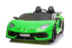 Ride électrique sur voiture Lamborghini Aventador 12V pour deux utilisateurs, vert, portes à ouverture verticale, moteur 2 x 12V, batterie 12V, télécommande 2,4 Ghz, roues souples en EVA, suspension, démarrage progressif, lecteur MP3 avec USB, sous licenc