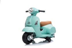 Trottinette électrique Vespa GTS, bleu sarcelle, avec roues auxiliaires, sous licence, batterie 6V, siège en cuir, moteur 30W