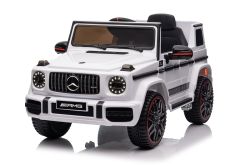 Voiture électrique Mercedes G neuve, blanc, avec licence d'origine, porte à batterie, ouverture par des portes, monoplace, 2x moteur, batterie 12 V, télécommande de 2,4 Ghz, suspension arrière, démarrage en douceur