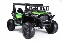 Voiture électrique jouet UTV 24V, verte, deux places en similicuir, télécommande 2,4 GHz, moteurs 2 X 200 W, frein électrique, lumières LED, roues EVA souples avec suspension, lecteur MP3 avec USB/AUX