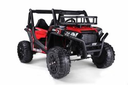 Voiture jouet électrique à enfourcher UTV 24V, rouge, deux places en similicuir, télécommande 2,4 GHz, moteurs 2 X 200 W, frein électrique, lumières LED, roues EVA souples avec suspension, lecteur MP3 avec USB / AUX