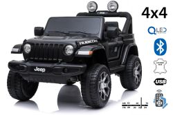 JEEP Wrangler, noir, Siège double en similicuir, Radio avec entrée Bluetooth et USB, Transmission 4x4, Batterie 12V10Ah, Roues EVA, Essieux de suspension, Télécommande 2,4 GHz, Licence