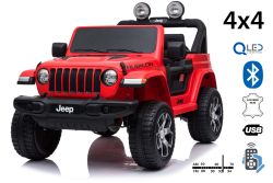 JEEP Wrangler, rouge, Siège double en similicuir, Radio avec entrée Bluetooth et USB, Transmission 4x4, Batterie 12V10Ah, Roues EVA, Essieux de suspension, Télécommande 2,4 GHz, Licence